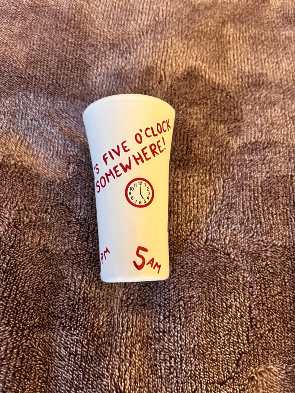 Lolita “It’s 5 O’Clock Somewhere” Shot Glass with Red Script & Clock Motif